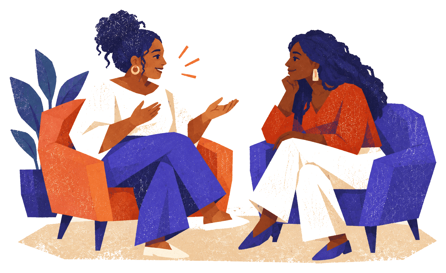 Two Black women sitting together in conversation, listening and speaking with care.