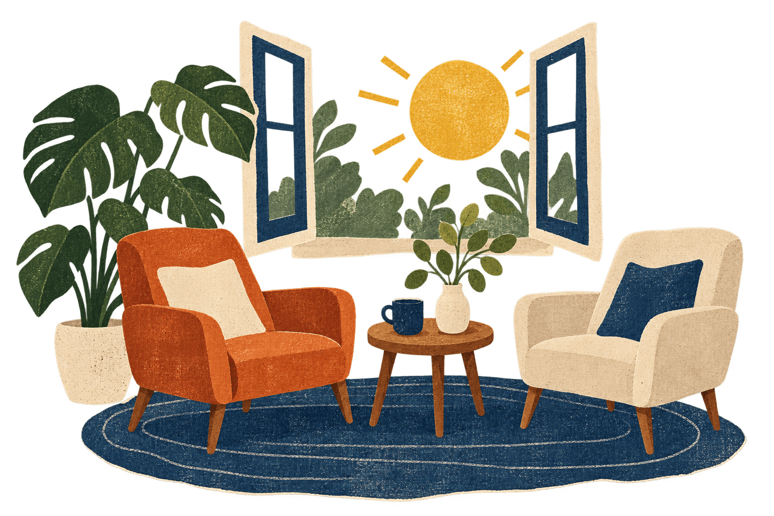A handmade illustration of two chairs, a sunny window, and a plant in a calm room.